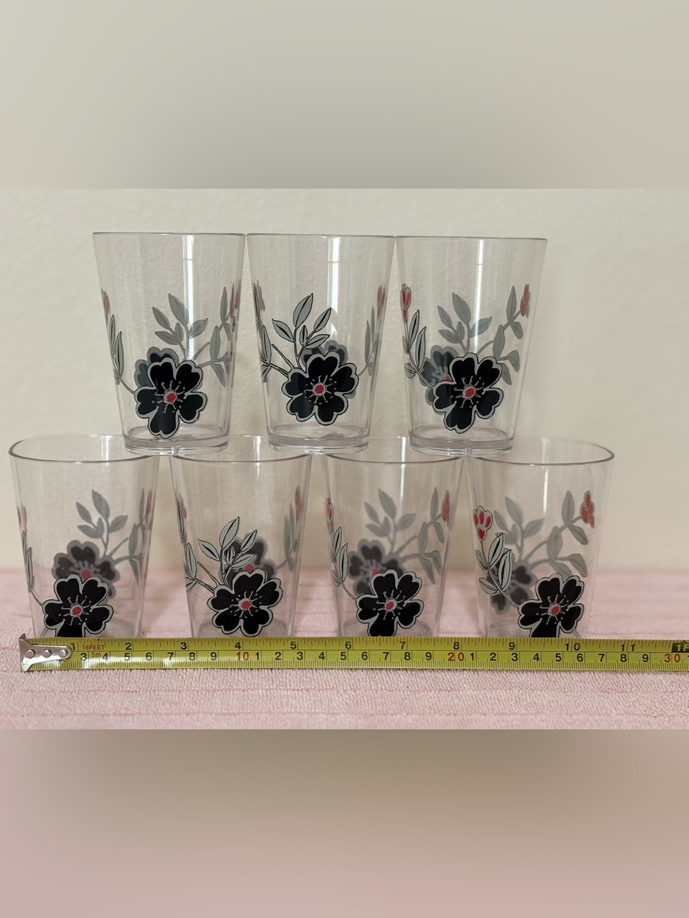Corelle set of 7 acrylic Glass Tumblers 8 oz with Black Floral and Red Accent